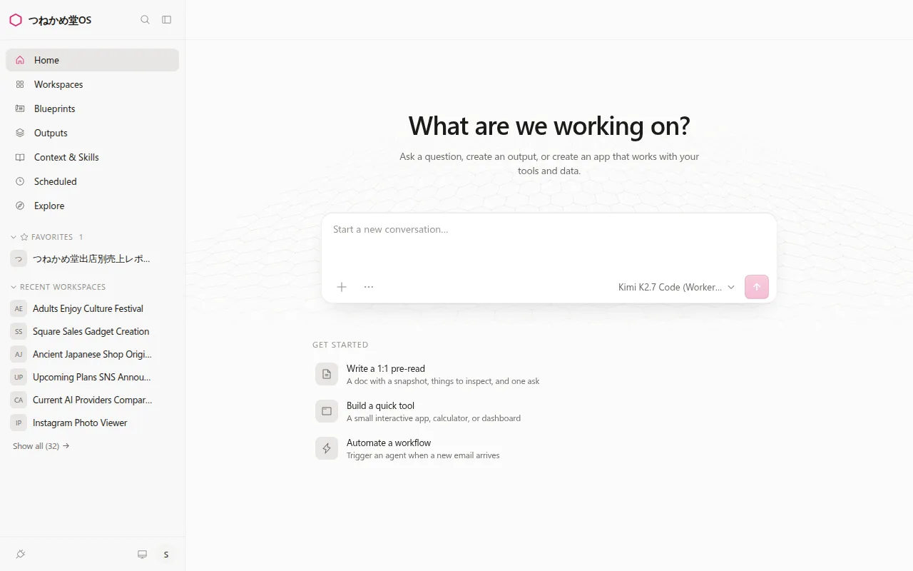 日本語化する前の同じ画面。メニューは Home、Workspaces、Blueprints、Outputs、見出しは What are we working on? になっている