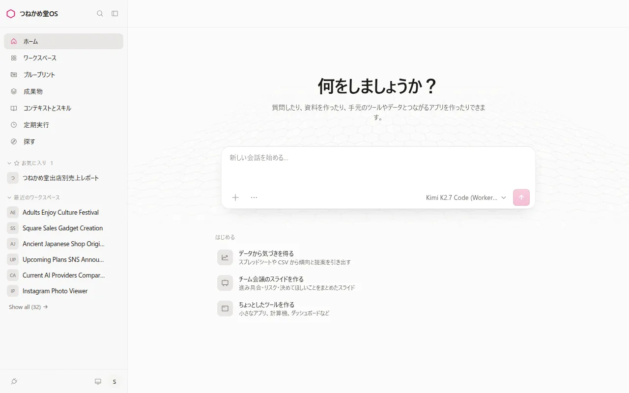 日本語化した Workshop のホーム画面。メニューは「ホーム」「ワークスペース」「ブループリント」「成果物」、見出しは「何をしましょうか?」になっている